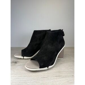 Clarks Womens 9 Ankle Bootie Imali Peony Black Suede Peep Toe Taupe Heel